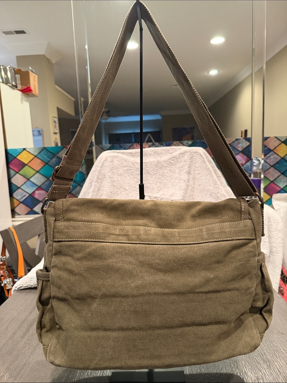 Vegan Canvas Messenger Bag in Olive Green - Picture 2 of 7